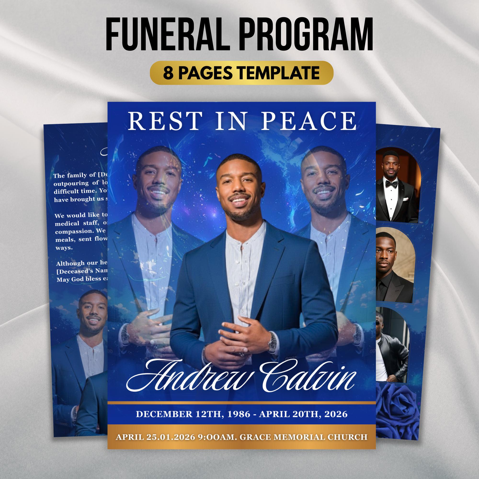Blu Floral Funeral Program Template, 8-page Memorial (canva, PDF) - Etsy