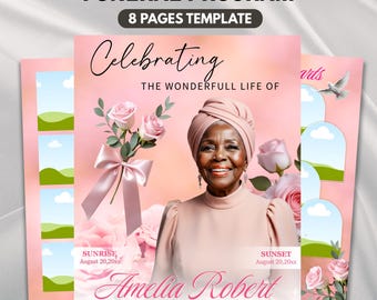Plantilla de programa funerario con flores rosas, memorial de 8 páginas (Canva, PDF)