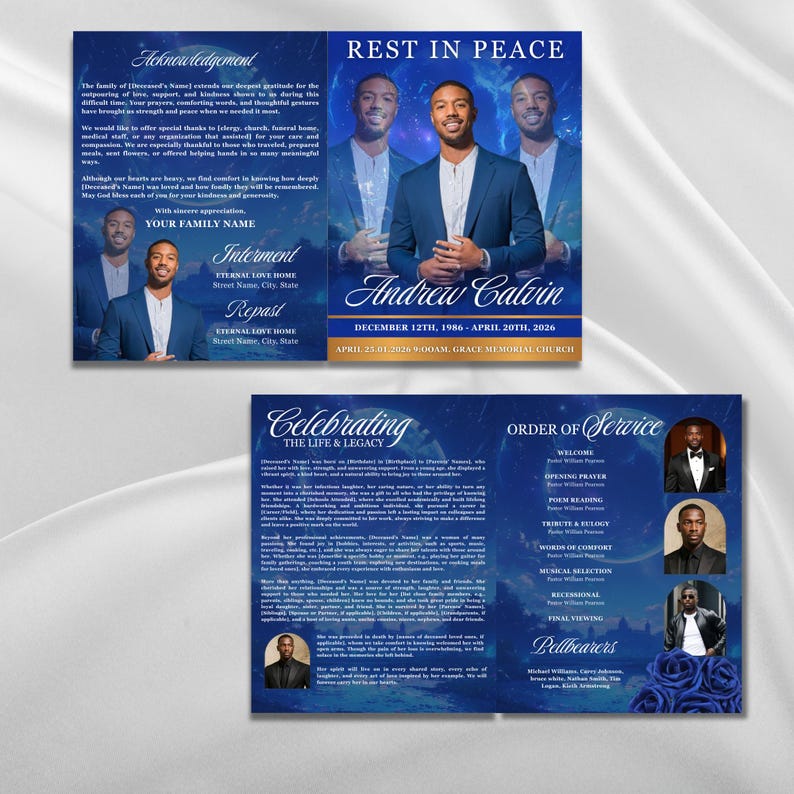 Blu Floral Funeral Program Template, 8-page Memorial (canva, PDF) - Etsy