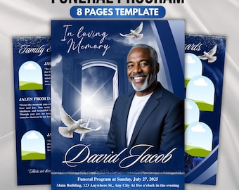 Blue Funeral Program Template, 8-Page Memorial (Canva, PDF)