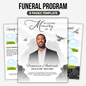Plantilla de programa funerario floral blanco y negro, 8 páginas (Canva, PDF)