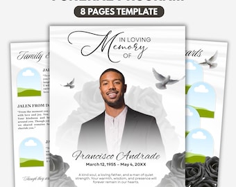 White & Black Floral Funeral Program Template, 8-Page Memorial (Canva, PDF)