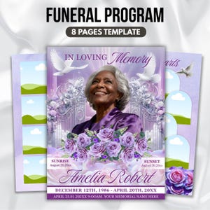 Modèle de programme d'enterrement floral violet, 8 pages commémoratives (Canva, PDF)