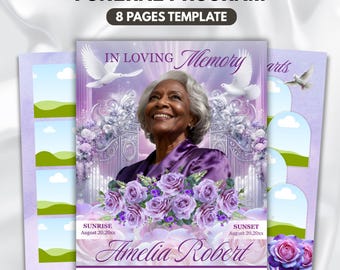 Purple Floral Funeral Program Template, 8-Page Memorial (Canva, PDF)