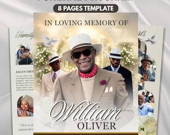 White & Green Floral Funeral Program Template, 8-Page Memorial (Canva, PDF)