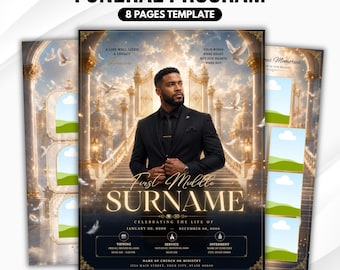 Blue & Gold Floral Funeral Program Template, 8-Page Memorial (Canva, PDF)