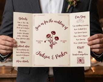 Whimsical Hand Drawn Gatefold Wedding Invitation Template: Classic Floral Invite (Editable Canva Template)