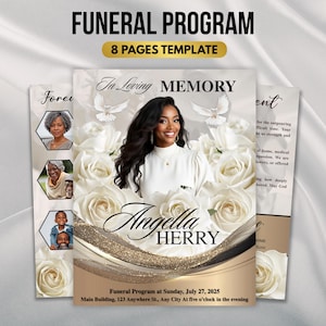 May include: Funeral program template with the text "Funeral Program" and "8 Pages Template". The design features a woman's portrait surrounded by white roses, doves, and the words "In Loving Memory" and "Angella Herry".