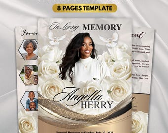 White Floral Funeral Program Template, 8-Page Memorial (Canva, PDF)