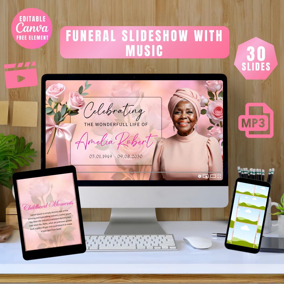 Pink Rose Funeral Slideshow Template, Celebration of Life (canva, 30 ...