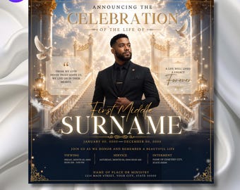 blue & Gold Funeral Announcement Flyer, Celebration of Life Evite (Digital Download Canva Template 1080x1080px )