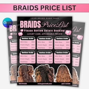 Pink Braids Price List Template, Canva Editable Beauty Menu (Digital Download)