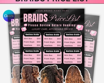 Pink Braids Price List Template, Canva Editable Beauty Menu (Digital Download)