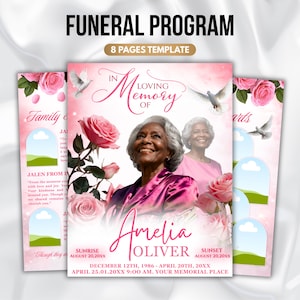 May include: A funeral program template with a pink and white design. The cover features a photo of an older woman, pink roses, and doves. The text reads "Funeral Program" and "In Loving Memory of Amelia Oliver."