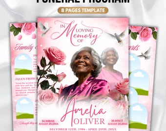 Pink Rose Floral Funeral Program Template, 8-Page Memorial (Canva, PDF)