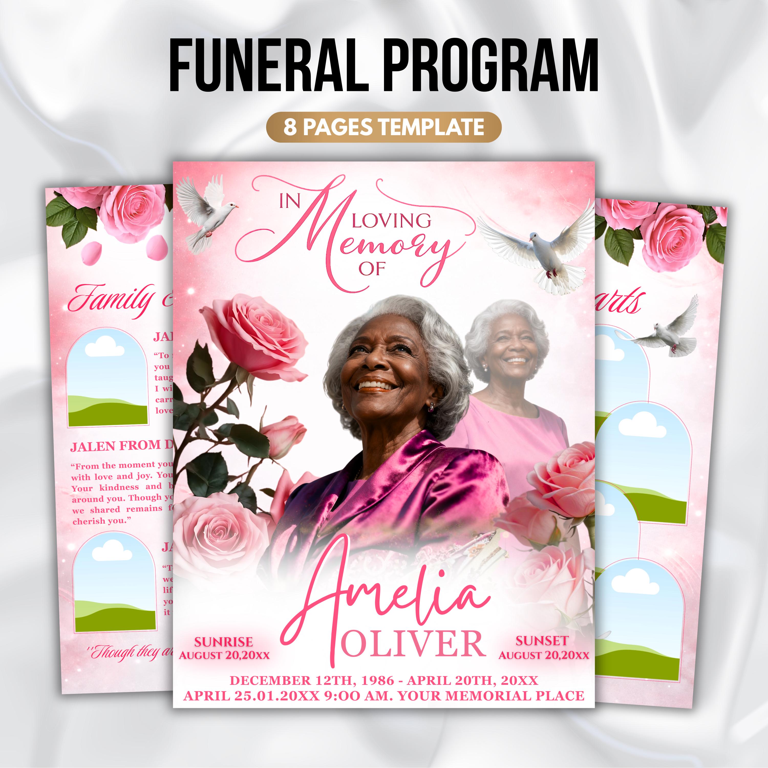 Sample Funeral Programs With Roses Pink Rose Floral Funeral Program Template, 8-page Memorial (canva, PDF ...