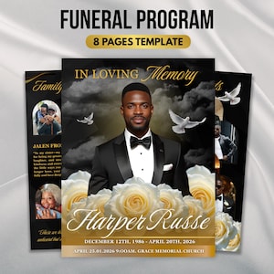 May include: Funeral program template with the text "Funeral Program" and "8 Pages Template". The design features a portrait of a man in a tuxedo, white doves, and white roses. The text includes "In Loving Memory" and "Harper Russe".