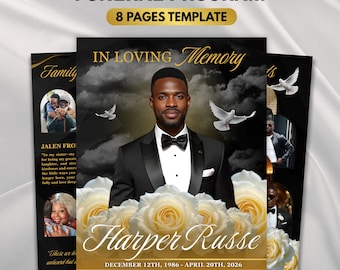 Black & Gold Floral Funeral Program Template, 8-Page Memorial (Canva, PDF)