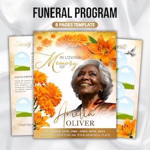 Orange Floral Funeral Program Template, 8-Page Memorial (Canva, PDF)