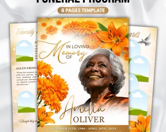 Orange Floral Funeral Program Template, 8-Page Memorial (Canva, PDF)