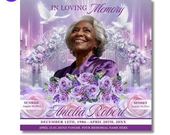 Purple Funeral Announcement Flyer, Celebration of Life Evite (Digital Download Canva Template 1080x1080px )