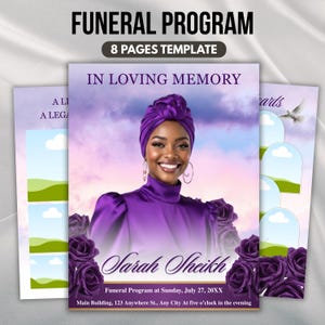 Purple & Gold Floral Funeral Program Template, 8-Page Memorial (Canva, PDF)