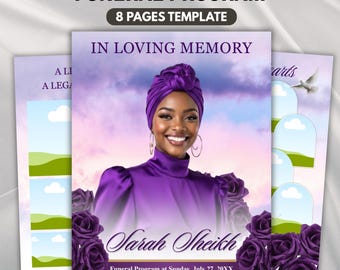 Purple & Gold Floral Funeral Program Template, 8-Page Memorial (Canva, PDF)