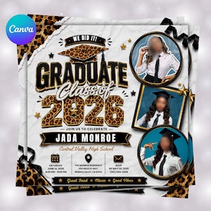 Può includere: Un volantino di invito per una festa di laurea con motivo leopardato, scritte dorate e tre cornici circolari per foto. Il testo recita Graduate Class of 2026, Jada Monroe, Central Valley High School, con i dettagli dell'evento del 14 giugno.