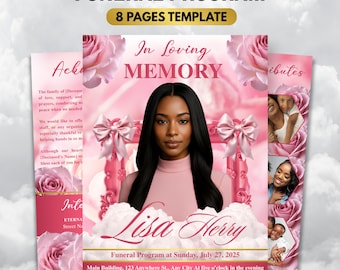Pink Floral Funeral Program Template, 8-Page Memorial (Canva, PDF)