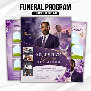 Może przedstawiać: Szablon programu pogrzebowego z fioletowo-białym wzorem. Okładka zawiera portret mężczyzny w garniturze z tekstem "Funeral Program" i "8 Pages Template". Zawiera zdjęcia i szczegóły upamiętniające.