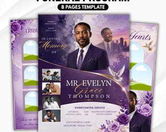 Purple Floral Funeral Program Template, 8-Page Memorial (Canva, PDF)