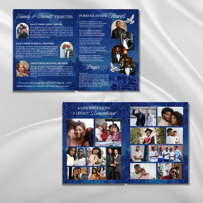 Blu Floral Funeral Program Template, 8-page Memorial (canva, PDF) - Etsy