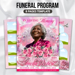 Könnte beinhalten: Eine Vorlage für ein Trauerprogramm mit rosa und weißem Design. Das Cover zeigt ein Foto einer lächelnden Frau, umgeben von rosa Rosen und Tauben. Der Text enthält "FUNERAL PROGRAM," "IN LOVING Memory" und den Namen "Amelia Robert."
