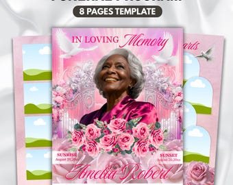 Pink Floral Funeral Program Template, 8-Page Memorial (Canva, PDF)