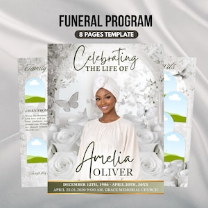 White & Green Roses Funeral Program Template, 8-Page Memorial (Canva, PDF)