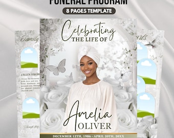 White & Green Roses Funeral Program Template, 8-Page Memorial (Canva, PDF)
