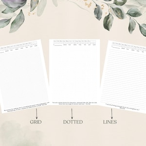 May include: Three white paper pages with different layouts: grid, dotted, and lined. Each page has a header with the days of the week. The grid page has a Bible verse at the bottom. The dotted page has a Bible verse at the bottom. The lined page has a Bible verse at the bottom.