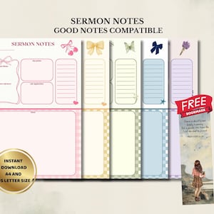 Può includere: Una raccolta di appunti per sermoni e segnalibri stampabili. Le note presentano elementi decorativi come fiocchi, ciliegie e farfalle. Il testo "SERMON NOTES" e "GOOD NOTES COMPATIBLE" è visibile. Un cerchio dorato recita "INSTANT DOWNLOAD A4 AND US LETTER SIZE". È incluso un segnalibro gratuito.