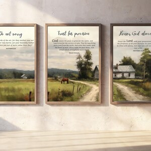 May include: Three framed art prints with landscape paintings and inspirational text. The first print reads "Do not worry" with a field scene. The second print says "Trust his provision" with a horse in a field. The third print reads "Honor God above all" with a house.
