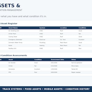 Peut inclure: Un document intitul&eacute; 4 ASSETS & CONDITION MANAGEMENT pr&eacute;sentant deux tableaux. Le premier tableau, Fixed Asset Register, liste Asset ID, Name, System, Location et Condition. Le second tableau, Asset Condition Assessments, liste ID, Asset, Condition, Date et Notes.