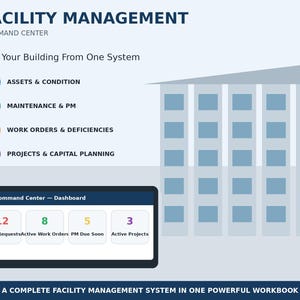 Peut inclure: Une infographie de centre de commande de gestion des installations avec une illustration de b&acirc;timent et un tableau de bord affichant des mesures pour les demandes, ordres de travail, maintenance et projets, avec des ic&ocirc;nes A, P, W et C.