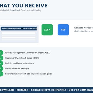 Peut inclure: Une fiche produit num&eacute;rique intitul&eacute;e 10 WHAT YOU RECEIVE pr&eacute;sentant un centre de commande de gestion des installations, une ic&ocirc;ne XLSX, une ic&ocirc;ne PDF et un guide de classeur modifiable. La liste inclut le centre de commande, un guide de d&eacute;marrage rapide, des instructions, un exemple de flux de travail et un guide d'impl&eacute;mentation SharePoint Microsoft 365.