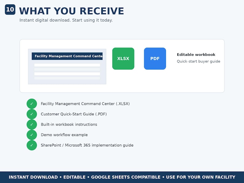 Peut inclure: Une fiche produit num&eacute;rique intitul&eacute;e 10 WHAT YOU RECEIVE pr&eacute;sentant un centre de commande de gestion des installations, une ic&ocirc;ne XLSX, une ic&ocirc;ne PDF et un guide de classeur modifiable. La liste inclut le centre de commande, un guide de d&eacute;marrage rapide, des instructions, un exemple de flux de travail et un guide d'impl&eacute;mentation SharePoint Microsoft 365.