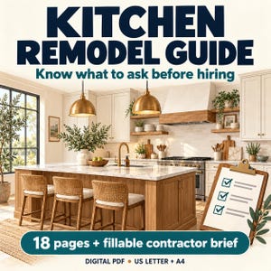 May include: A digital Kitchen Remodel Guide featuring the text 'KITCHEN REMODEL GUIDE Know what to ask before hiring' and '18 pages + fillable contractor brief'. The image shows a kitchen with a marble island, wooden cabinets, and a clipboard.