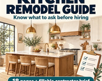 Peut inclure: Un guide numérique de rénovation de cuisine avec le texte 'KITCHEN REMODEL GUIDE Know what to ask before hiring' et '18 pages + fillable contractor brief'. L'image montre une cuisine avec un îlot en marbre et un presse-papiers.
