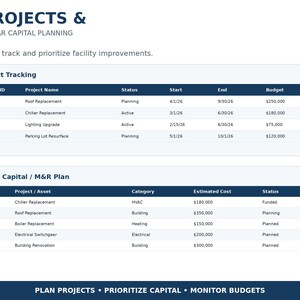 Peut inclure: Un tableau de bord num&eacute;rique intitul&eacute; 7 PROJECTS & 5-YEAR CAPITAL PLANNING pr&eacute;sentant deux tableaux. Le premier suit les projets avec des colonnes pour l'ID, le nom, le statut, les dates et le budget. Le second d&eacute;taille un plan sur 5 ans.