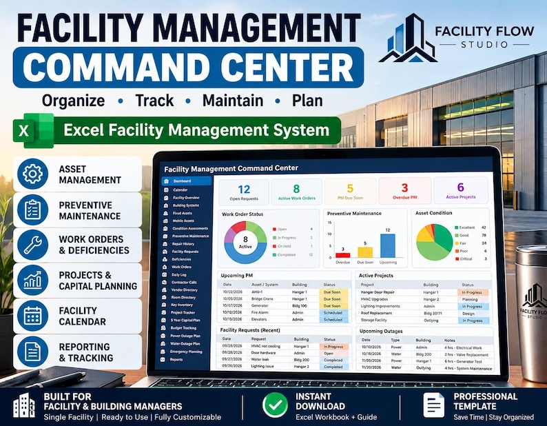 Peut inclure: Un &eacute;cran d'ordinateur portable affichant le syst&egrave;me de gestion des installations Excel Facility Management Command Center, avec un tableau de bord, des graphiques, le suivi des ordres de travail et la planification des projets.