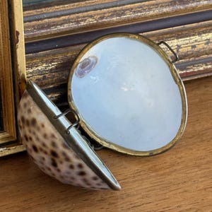 May include: A small, open shell-shaped container with a mirrored interior and a gold-coloured metal rim. The exterior of the container is patterned with brown spots on a cream background. The container is open, revealing the mirror inside.