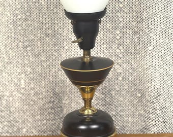 Vintage Mid Century Table Lamp in Brass, Black, Milk Glass – Tri-Lite Feature