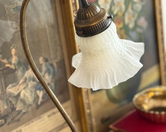 Vintage Gooseneck Brass Table Lamp Ruffled Frosted Glass Shade, Art Nouveau Style Accent Light